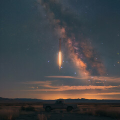 a solitary truck parked under the starlit sky becomes the launchpad for a human spaceflight, its silhouette blending with the image of a rocket ascending - obrazy, fototapety, plakaty