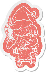 cartoon distressed sticker of a tired woman wearing santa hat