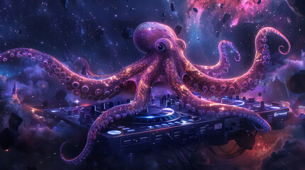 A squid DJ spins galactic beats at a space party, its tentacles expertly mixing tracks on a holographic turntable, as starlight dances to the rhythm of the universe - obrazy, fototapety, plakaty