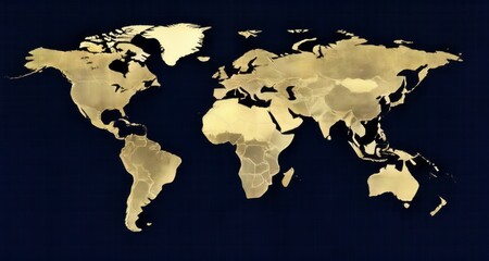  Golden World Map on Blue Background