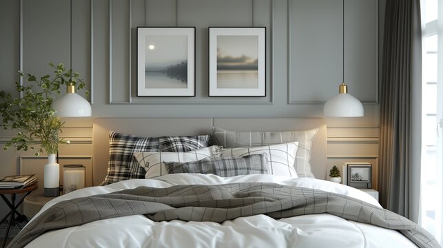 modern design stylish bedroom with big window, bad, posters and plants. Interior design, render model. Room for a teenage, child, man. Cozy room in white, black and gray colors