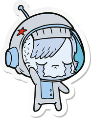 sticker of a cartoon crying astronaut girl waving goodbye
