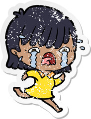 distressed sticker of a cartoon girl crying