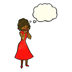 cartoon worried woman with thought bubble