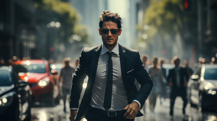 attractive young manager man in a black suit and sunglasses hurries to a meeting, city bustle in the background - obrazy, fototapety, plakaty