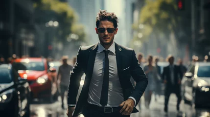 Foto op Canvas attractive young manager man in a black suit and sunglasses hurries to a meeting, city bustle in the background © Dmitriy