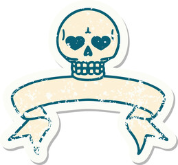 grunge sticker with banner of a skull