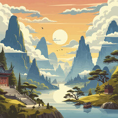 free vector Chinese scenery landscape mountain outdoors.
 - obrazy, fototapety, plakaty