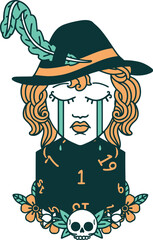 crying human bard with natural one D20 dice roll illustration