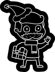 cartoon icon of a man with mustache and christmas present wearing santa hat