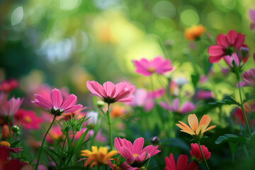Fototapeta premium Pink flowers in the garden. A slide background for showcasing gardening. Background image. Created with Generative AI technology.