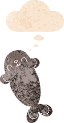 cartoon seal and thought bubble in retro textured style