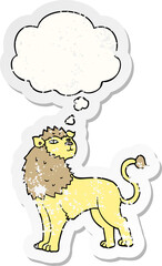 cartoon lion and thought bubble as a distressed worn sticker