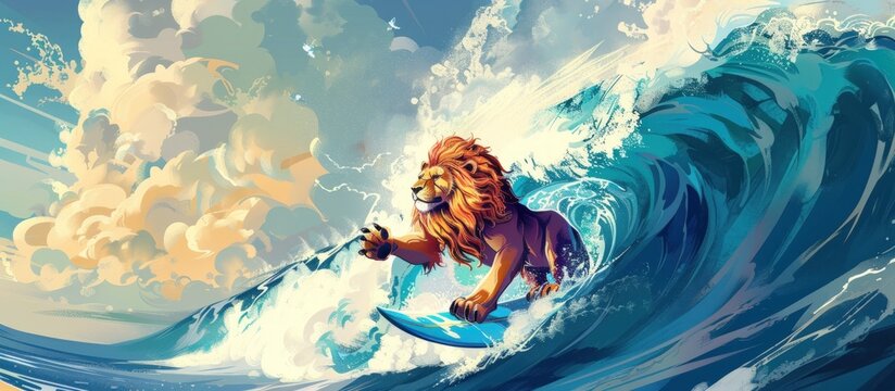 Naklejki An attractive poster with an illustration of a cartoon lion character ruling the waves, conveying the impression of adventure and courage in the vast ocean.
