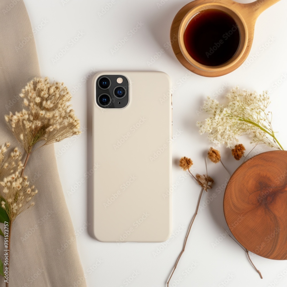 Poster top view of the smartphone case layout from behind on a white office table with a cup of coffee, lat