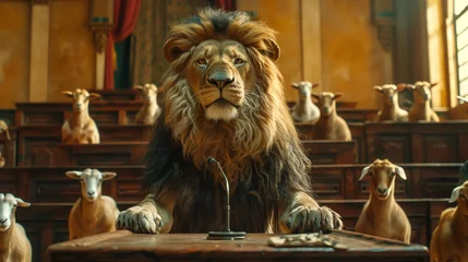Fotobehang In a whimsical courtroom set in the savannah, a lion presides over a kangaroo court, where goats stand as the accused, a scene of natural law and jungle justice © Pornarun