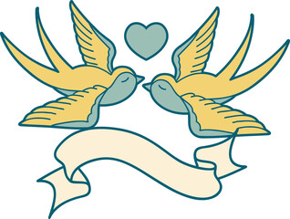 tattoo with banner of a swallows and a heart