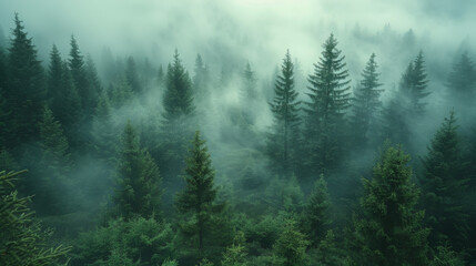 Misty foggy mountain landscape with fir forest and copyspace in vintage retro hipster style.
