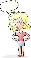 cartoon woman with hands on hips with speech bubble