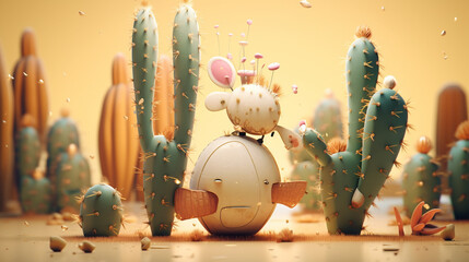 Cactus robots. Colorful animated scene featuring cute robots in a whimsical desert landscape surrounded by cacti.