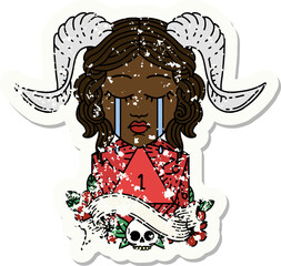 crying tiefling with natural one D20 dice roll illustration