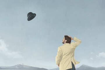 illustration of a man surprised because the wind blew his hat off into the sky, surreal abstract concept - 751575145