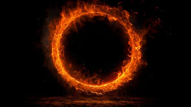 Burning ring on fire. Fire flames in circle. 4K motion background. Burning ring of fire. 3d rendering. animation. Copy space special effect space for text