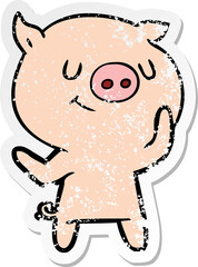 distressed sticker of a happy cartoon pig