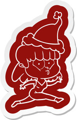 cartoon  sticker of a woman running wearing santa hat