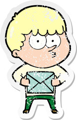 distressed sticker of a cartoon curious boy carrying a gift