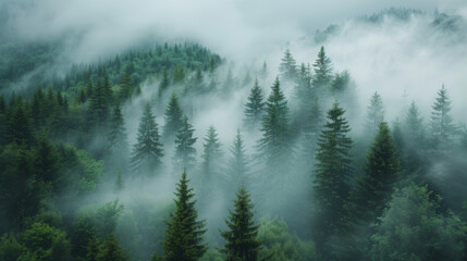 Misty foggy mountain landscape with fir forest and copyspace in vintage retro hipster style. - obrazy, fototapety, plakaty