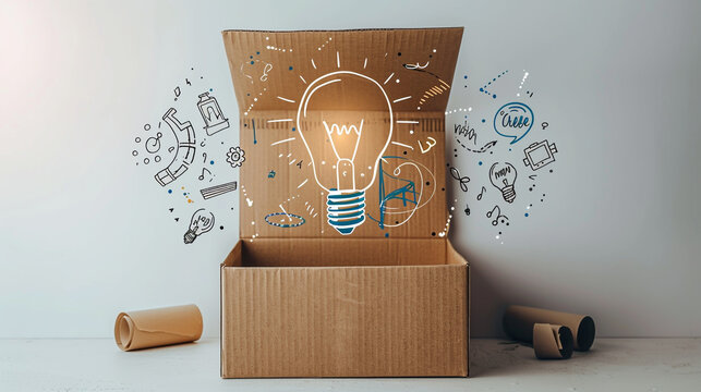box on a white backdrop, with blueprints and lightbulb icons emerging, depicts the process of bringing innovative ideas to life