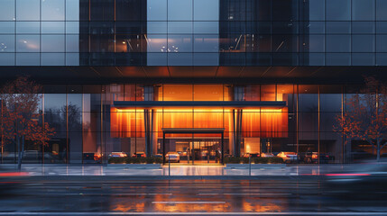 Soaring high, a contemporary glass high-rise epitomizes architectural sophistication - obrazy, fototapety, plakaty