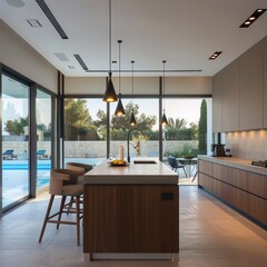 The interior of a modern kitchen. A design solution in the interior of the kitchen area.