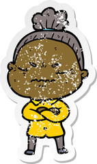 distressed sticker of a cartoon annoyed old lady