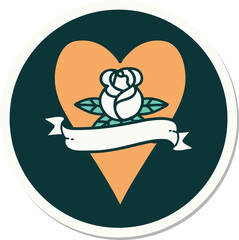 tattoo style sticker of a heart rose and banner
