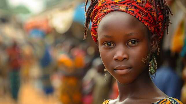 Portrait of an African girl in traditional clothes in Gambia.