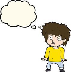 cartoon frightened boy with thought bubble