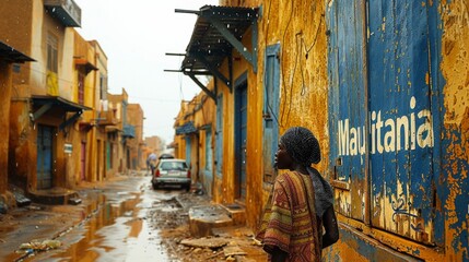 Unidentified Mauritania woman walks in the street. Poverty and bad economy.