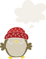 cute cartoon owl in hat and thought bubble in retro style