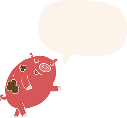 cartoon dancing pig and speech bubble in retro style