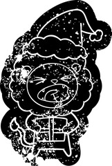 cartoon distressed icon of a lion with christmas present wearing santa hat