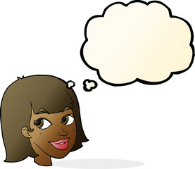cartoon happy female face with thought bubble