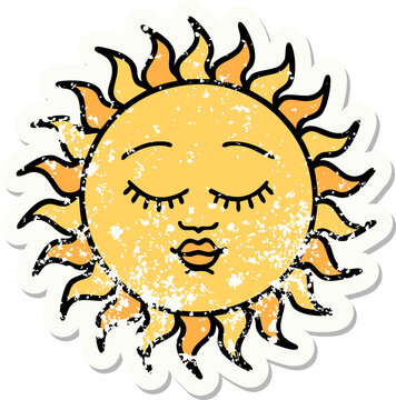 traditional distressed sticker tattoo of a sun with face