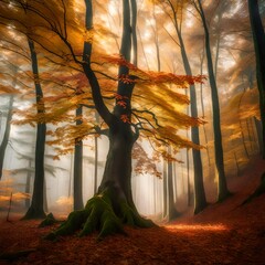 Autumn forest in fog with sun rays. Magical old tree at sunset. Colorful landscape with foggy forest, yellow sunlight, red foliage at sunrise. Fairy forest in autumn. Fall woods.Enchanted tree.