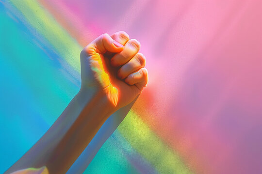 fist hand  in rainbow colors.Clenched fist raising upward. Symbol of rebellion, protest and power. - Powered by Adobe