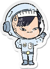 distressed sticker of a cartoon astronaut woman