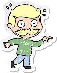 distressed sticker of a cartoon man with mustache shocked