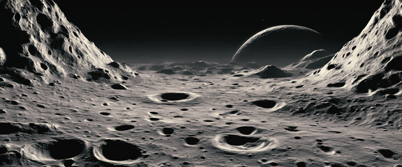 Lunar surface. Craters on the moon. Moon surface texture. Space landscape