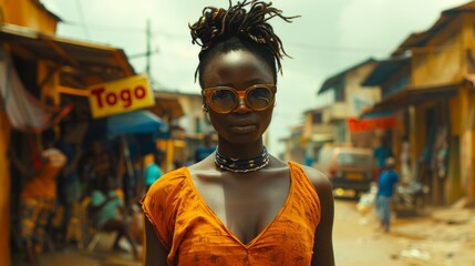 Beautiful african woman in orange dress and sunglasses standing on the street of Togo.